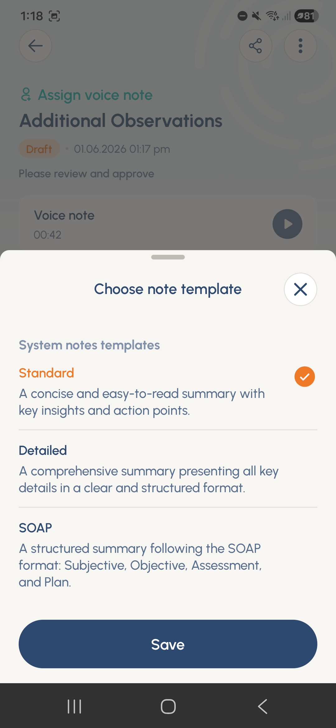 Perci screen showing available note format options