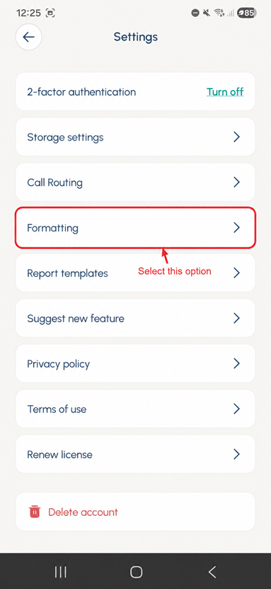 Perci settings screen showing the Formatting option