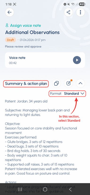 Perci session summary showing the note format option