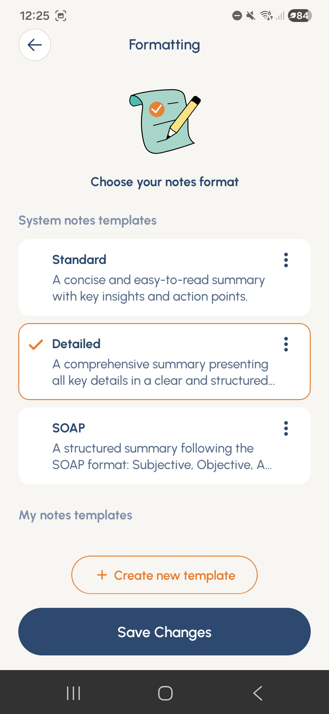 Perci default notes format selection screen