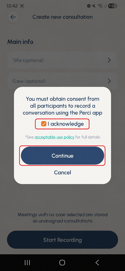 Perci consent confirmation screen