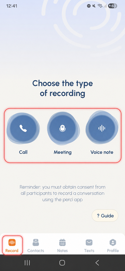 Perci Record screen showing Call, Meeting and Voice note options