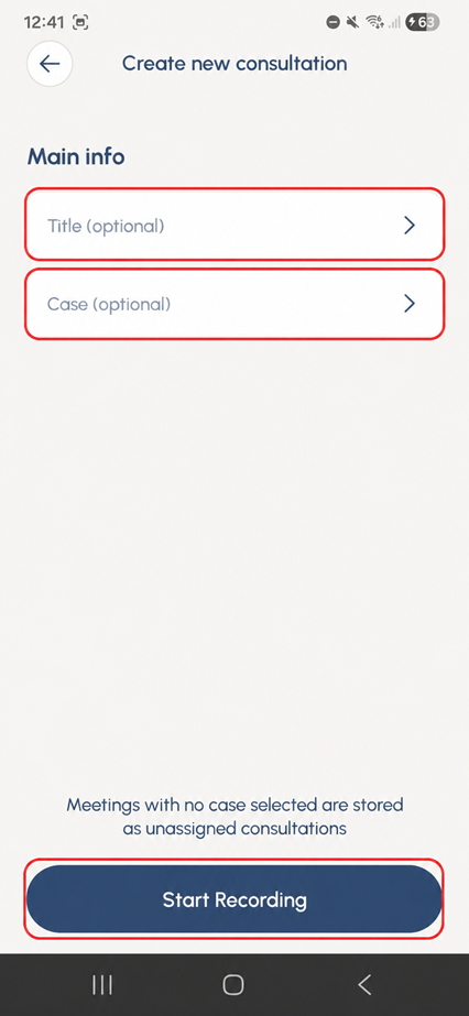 Perci consultation setup screen showing title and case options