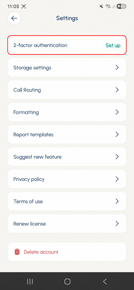 Perci two-factor authentication setup screen