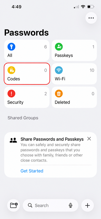 iPhone screen showing the Passwords app