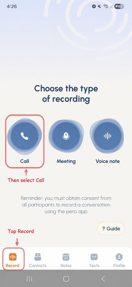 Perci Record screen with Call option