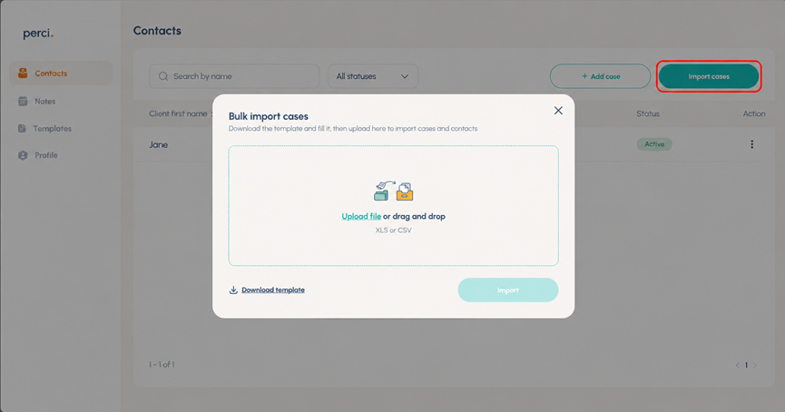 Perci web bulk import screen